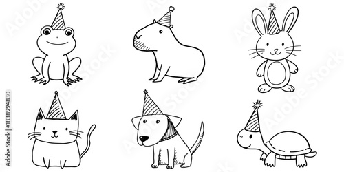 Cute animal doodles wearing party hats including frog, capybara, rabbit, cat, dog, and turtle in black and white outline style for birthday coloring pages