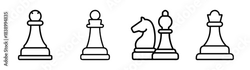 Simple outline chess pieces set: pawn, rook, knight, bishop, queen