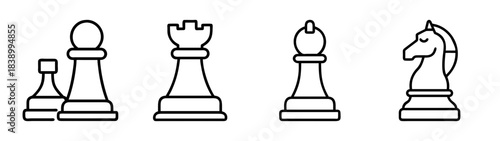 Line art icons of chess pieces: pawn, rook, bishop, and knight