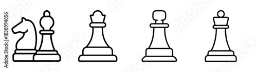 Minimalist line art icons of classic chess pieces game concept.