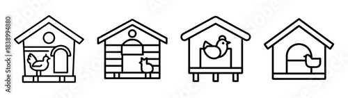 Chicken coop and hen house outline icons set with farm birds