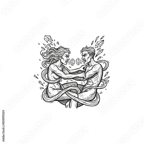 Surreal A dramatic black and white line art illustration depicting a man and woman in a furious argument