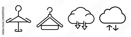 Outline icons: fashion hangers and cloud data transfer concepts