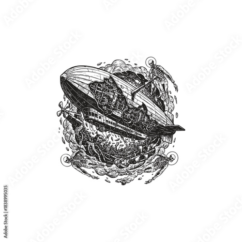 Surreal vintage-style black and white line art illustration of a damaged zeppelin or airship engulfed in smoke and surrounded by flying skeletons