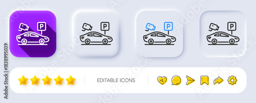 Parking with video monitoring line icon. Neumorphic, Flat shadow, 3d buttons. Car park sign. Transport place symbol. Line parking security icon. Social media icons. Vector