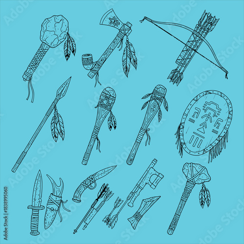 Collection of indigenous weaponry, tools, and symbols outline