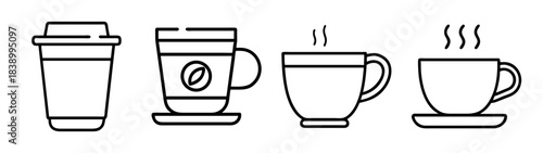Coffee cups and mugs icon set line art. hot beverage collection.