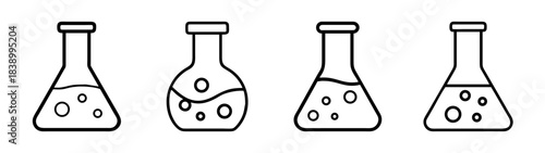 Laboratory flasks with bubbling liquid for science experiment icons