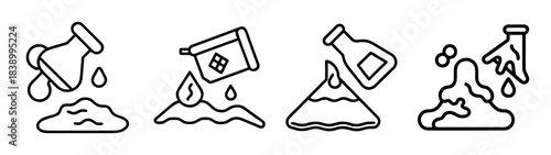 Science experiment icons with beakers pouring liquid and solid