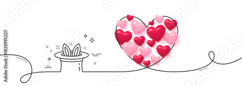 Hat-trick line icon. Continuous line big heart. Magic tricks with hat and rabbit sign. Illusionist show symbol. 3d hearts in heart shaped loop. Hat-trick single line ribbon. Loop curve pattern. Vector