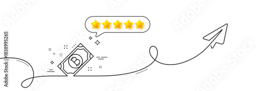 Bitcoin line icon. Continuous line with share plane. Cryptocurrency cash sign. Crypto money symbol. Five star rate review in speech bubble. Bitcoin single line ribbon. Loop curve pattern. Vector