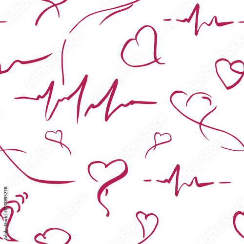 Doodle freehand hearts and ECG cardiogram heartbeat pulse traces forming romantic continuous repeat. Isolated vector seamless pattern. Wedding stationery, love wrapping, romantic whimsical decor.