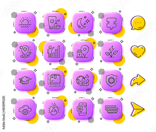 Coronavirus, Sunset and Cloud computing line icons. App 3d buttons. Social media comment, share, like icons. Pack of Charging station, Covid test, Hospital icon. Vector