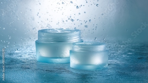 Minimalist frosted glass lotion jars on rippling water surface with blue white gradient backdrop for skincare branding packaging design and wellness marketing

