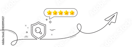 Inspect line icon. Continuous line with share plane. Quality research sign. Verification shield symbol. Five star rate review in speech bubble. Inspect single line ribbon. Loop curve pattern. Vector