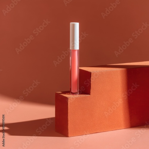 Pink lip gloss tube on millennial pink background with terracotta block for beauty branding, cosmetic packaging design, product display, editorial layout, and commercial advertising

