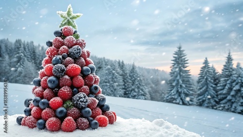 Festive Berry Arrangement Shaped like a Christmas Tree with Window Background