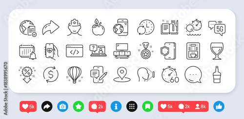 Health app, Wine glass and Dollar exchange line icons pack. Social media: share, comment, like icons. Scotch bottle, Brain working, Face id web icon. Vector