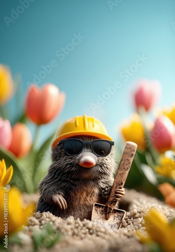 Cooler Maulwurf mit Bauhelm und Sonnebrille auf Frühlingswiese