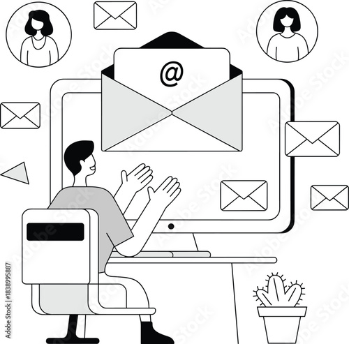 Email communication concept with person at computer sending messages to contacts, digital correspondence, online marketing and networking, flat vector illustration