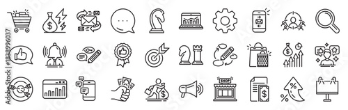 Marketing, research line icons. Settings gear, Message, Inflation icons. Set of Strategy target, Feedback, Advertisement campaign icons. Research marketing, Communication and Keywords. Vector