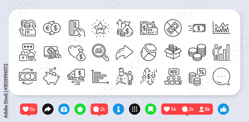 Dollar rate, Cyber attack and Vip star line icons pack. Social media: share, comment, like icons. Cash transit, Online shopping, Inflation web icon. Card, Tips, Graph chart pictogram. Vector