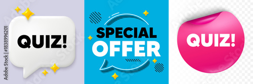 Quiz speech bubble. 3d sparkles chat, Paper sticker. Quiz tag. Answer question sign. Examination test symbol. Special offer bubble. Halftone dots pattern. Vector