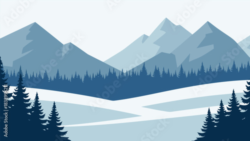 Flat design illustration of a serene winter scene with layered blue mountains, evergreen trees, and snowy terrain.