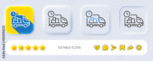 Delivery line icon. Neumorphic, Flat shadow, 3d buttons. Truck service sign. Express shipment symbol. Line delivery icon. Social media icons. Vector