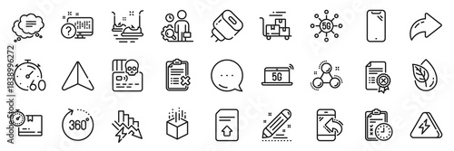 Saving electricity, Cardboard box and Inspect line icons pack. Share, Message, Paper plane icons. Cyber attack, Timer, Delivery cart web icon. Vector