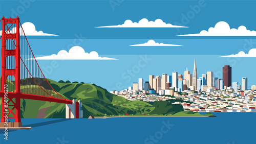 Stylized illustration of San Francisco cityscape with Golden Gate Bridge and bay.