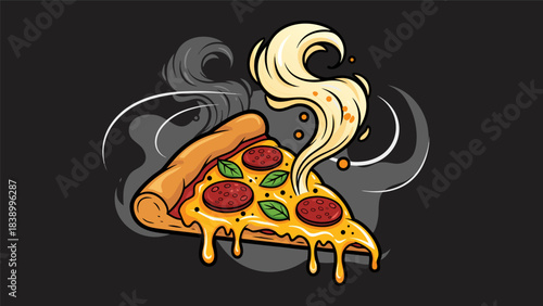 A delicious, hot slice of pepperoni pizza with melting cheese and basil, emitting steam on a dark background, in a cartoon style.