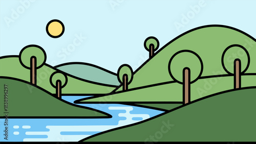 A simple cartoon illustration of a serene natural landscape with green rolling hills, a winding blue river, trees, and a yellow sun in a clear sky.