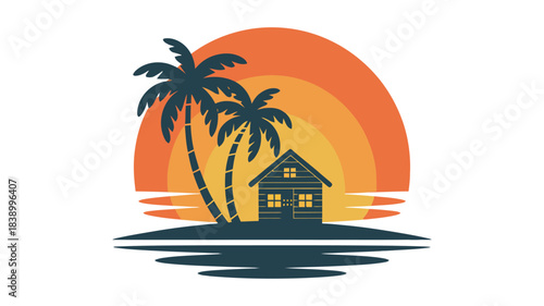 Sunset tropical island hut and palms Vector