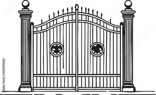 Iron gate vector illustration: ornamental entrance design, black and white clipart eps silhouette