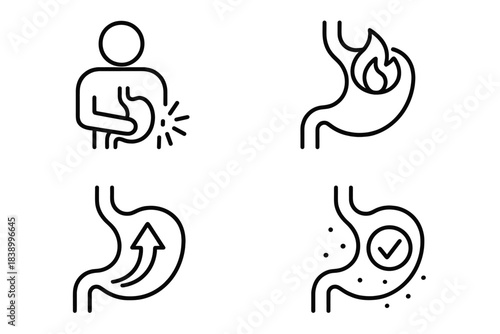 Line icons representing digestive health issues, stomach pain, acid reflux, and successful treatment
