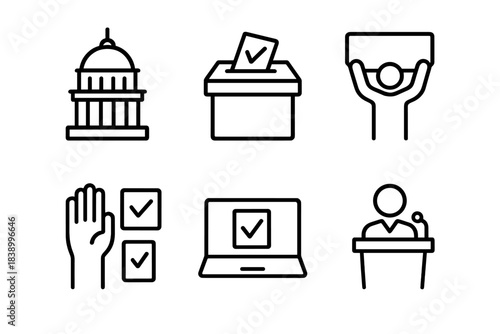 Outline symbols representing political processes, government, voting, public speaking, and democratic rights