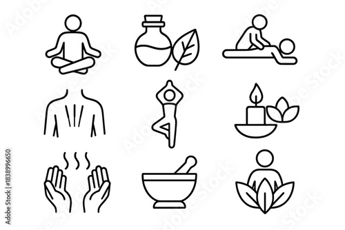 Wellness and spa symbols for yoga, meditation, massage, essential oils, and herbal remedies