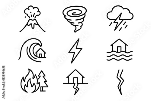 Minimalist black line symbols for natural hazards including floods, earthquakes, and tornadoes