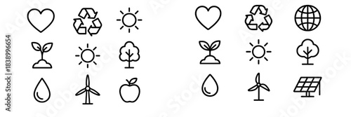 Outline symbols for ecology, environment, nature, recycling, and renewable energy