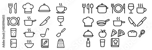Outline icons of kitchen tools, cooking processes, food items, and dining essentials