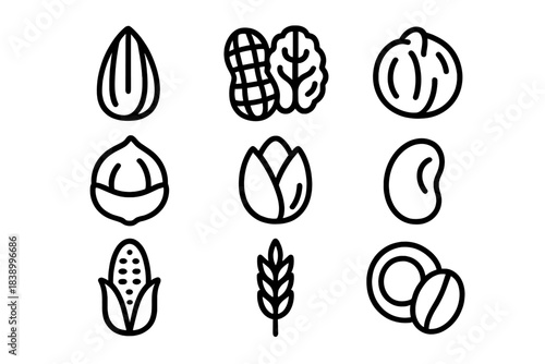 Outline icons of common nuts, seeds, and grains used in cooking and farming