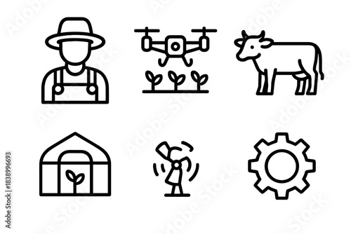 Essential symbols for farming, agriculture, livestock, renewable energy, and smart technology