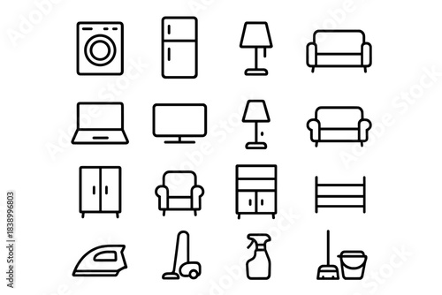 Essential household appliances, furniture, and cleaning supplies for home living concepts