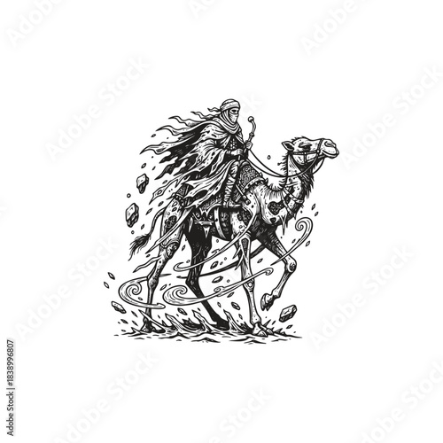 Mysterious figure riding a running camel through the desert in a dramatic, wind-swept scene, Surreal illustration