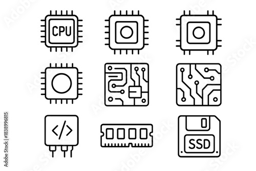 Essential computer hardware components and digital technology symbols collection
