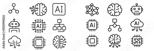 Set of artificial intelligence and machine learning technology symbols for digital design projects