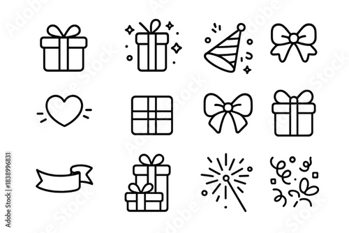 Minimalist outline icons set for celebration, party, gifts, bows, heart, confetti, and sparkler