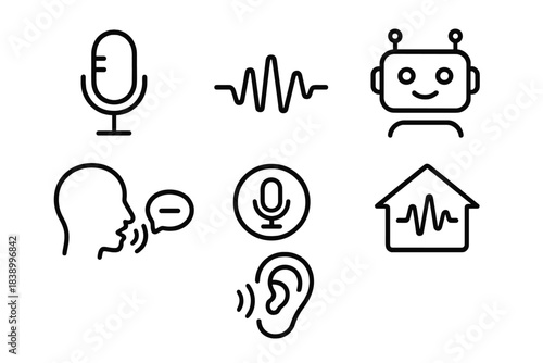 Set of linear icons representing voice control smart home and digital assistant features