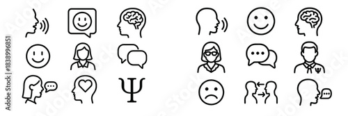 Minimalist line symbols representing psychology, mental health, and communication concepts